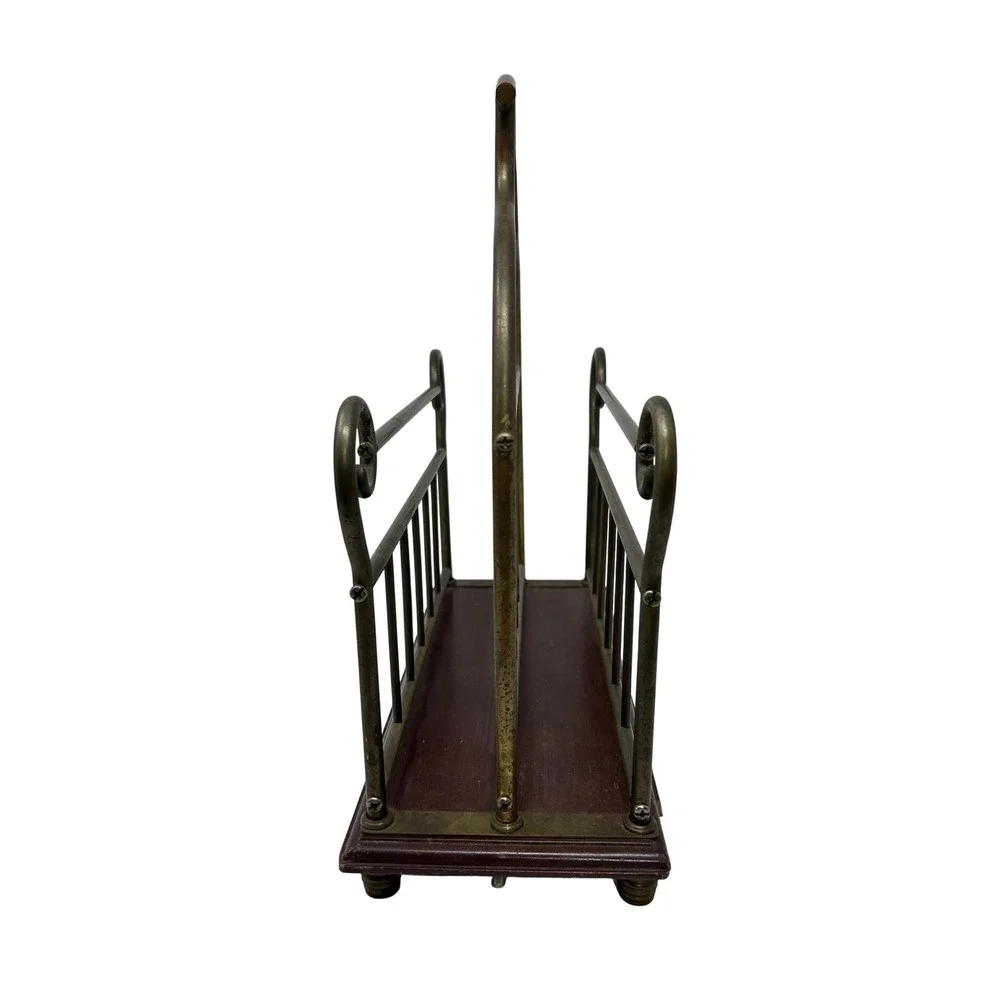Vintage Brass Magazine Rack Wood Base Scroll Handle Double Slot Record Holder‎
